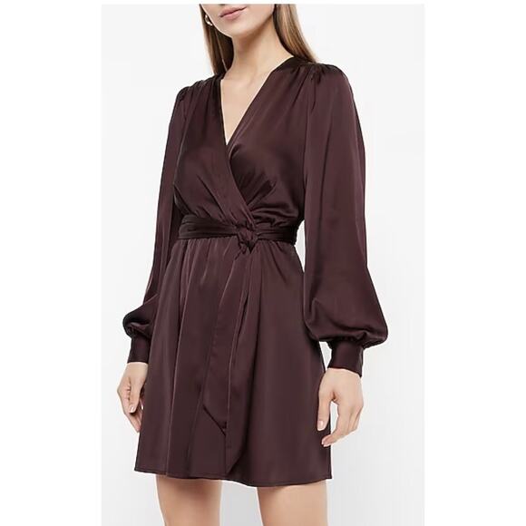 EXPRESS Satin Merlot Brown Long Puff Sleeve Faux Wrap Tie Mini Dress - Picture 2 of 13